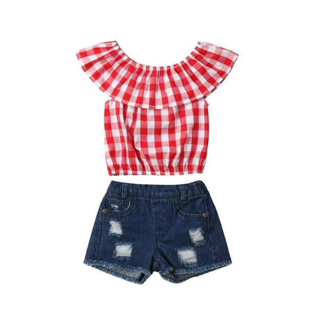 for 1-6 T Toddler Little Kids Infant Baby Girls Clothes Set Strap Plaid Tops and Shorts Headband 3pcs Outfits 